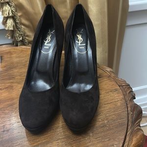 Ysl chocolate brown suede tribute pump